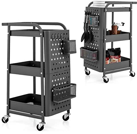 COSTWAY Rollwagen 3 Etagen, Küchenwagen mit 2 Stecktafeln, Metall Mehrzweckwagen auf Rollen, Küchenrollwagen mit 4 Haken & 2 Körben & Griff, Servierwagen für Küche, Aufbewahrungswagen (Grau)