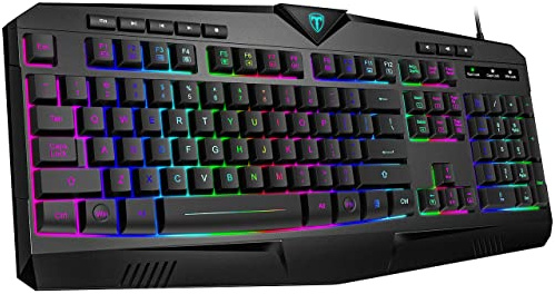 Dacoity Gaming Keyboard, Full Size RGB Backlit Quiet Computer Keyboard, Wrist Rest, Silent Keys, Multimedia Keys, Anti-ghosting, Waterproof Light Up USB Wired Keyboard for PC Mac Xbox Gamer Office