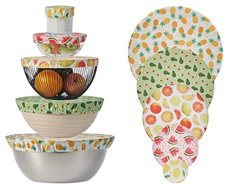 DEVINITA Lot de 5 housses en tissu réutilisables, couvercles pour bols, tasses, pots, housse élastique anti-poussière, housse élastique pour aliments