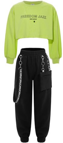 Yeahdor Kinder Mädchen Sport Kleidung Set Langarm Sweatshirt mit Cargohose Trainingsanzug Hip Hop Set Jazz Tanz Bekleidungsset Freizeit Ma Grün 134-140