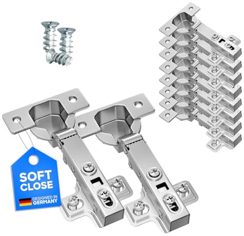 LIVING-TEC ® Scharnier mit Softclose in Standardgröße 8er Set inkl. ø5mm Euroschrauben| Türscharniere mit Gasdruckfeder | Schrankscharnier mit 105° Öffnungswinkel | Topfscharnier ø 35 mm
