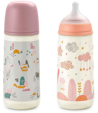 Suavinex, 2er- Pack, Babyflaschen 360 ml mit physiologischem Sauger SX Pro aus Silikon, mit Anti-Colic-Ventil, schnellem Nahrungsfluss (L), für Babys +6 Monate, Dreams Pink
