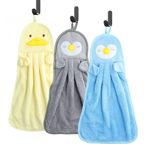 Litinliv 3 StückKinder Hand Handtuch, Tier Kinderhandtuch, Süßer Tier Waschlappen, Waschlappen für Küchen und Badezimmer, Handtücher für Kinder, Weich Korallenvlies Handtücher Klein, +3xHandtuchhaken