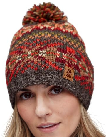 Pachamama kvinnor ullmössa vintermössa mössa tofs mössa fleece fodrad handstickad brun Fairisle flerfärgad en storlek handgjord extra varm Fair Trade, Flerfärgad, one size