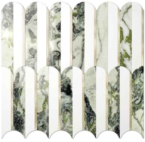 Vamos Tile Peel and Stick Backsplash Seamless Tile,10-Sheets Stick on Backsplash for Kitchen and Bathroom, Pure White+Ice Green Marble+Light Gold PVC Self Adhesive Mosaic Tiles