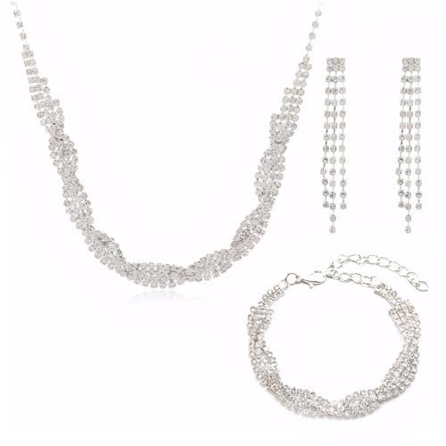FDEETY Damen Brautschmuck Wellenform Strass Halskette Armband Ohrringe Set Elegant Glänzend Hochzeit Braut Schmuck Damen Accessoires