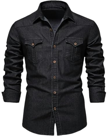 GaoLeAve Autunno Cotone Denim Camicia Uomo Tinta unita Manica Lunga Top Camicetta Elastico Casual Sottile Giacca Slim Fit Cowboy Camicie, Nero , S
