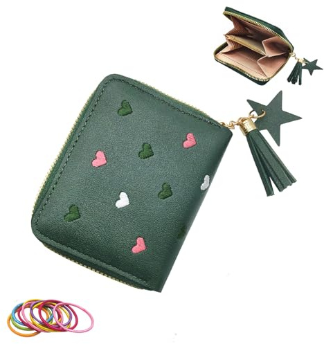 SwirlColor Girls Purse, Cute Slim Short Small Kids Wallet with Embroidery Hearts, PU Leather Ladies Purse with Tassel Zipper for Teens Girls Women - Green
