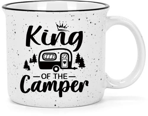 Joymaking Tazza da caffè con scritta King of the Camper, regalo per campeggiatori, accessori da campeggio, 450 ml, colore bianco