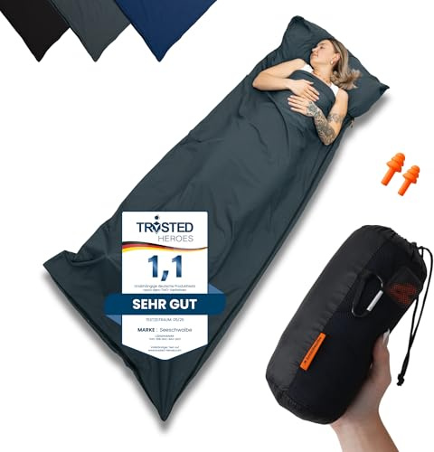 SEESCHWALBE Hüttenschlafsack Baumwolle Ultraleicht atmungsaktiv, Reiseschlafsack mit Kissenfach, grau