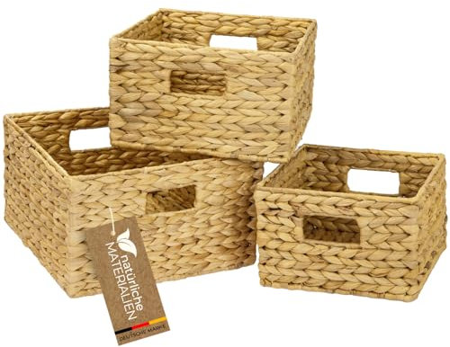 HMF Aufbewahrungskorb, Korb geflochten aus Wasserhyazinthe, quadratisch | 3er Set | 22 + 26 + 30 cm