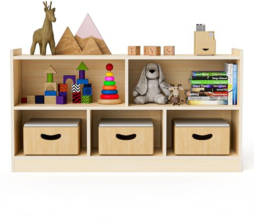 Puecrof Montessori Birch Plywood Shelf - 5 Tier Storage Cabinet with 2 Tiers Organiser for Nursery, Classroom, Nurseries & Preschools