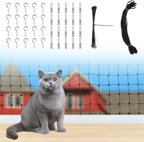 Filet de Protection Chat en Nylon, 4 × 4 m Filet Chat Balcon Renforcé avec 15m Corde de Fixation, Filets de Protection Résistant aux UV et Aux Intempéries, pour Balcons, Terrasses et Fenêtres (Noir)