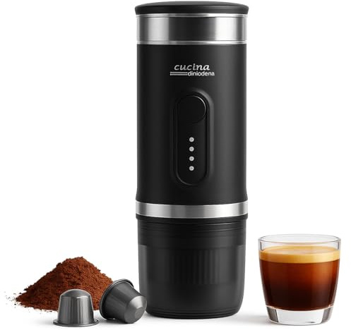 Cucina di Modena Kaffeepadmaschine: Mobile Akku-Espressomaschine mit Wasserkocher, auch für Kapseln, 15bar (Kaffeemaschine Für Camping, Espresso Maschinen, Kfz)