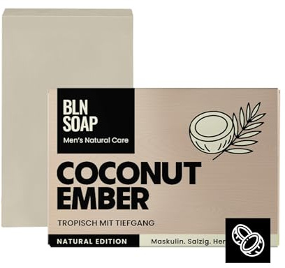 Coconut Ember Feste Männerseife: Naturseife Männer, Natürliche Seife Hand, Körper & Haare, Körperseife Kokos & Sandelholz Mann, Shampoo Vegan, 3-in-1 Duschseife, Festes Duschgel, 135 g, BLN SOAP