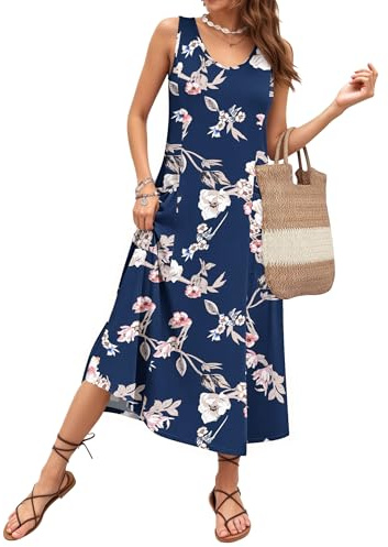 AUSELILY Robe Longue Femme ete sans Manches Robe de Plage Coupe trapèze Longues Style décontracté col en U Robe de Ample pour Les Vacances avec Poche | Robe de plage décontractée et ample Robe longue d'été à encolure arrondie Avec poches Vacances