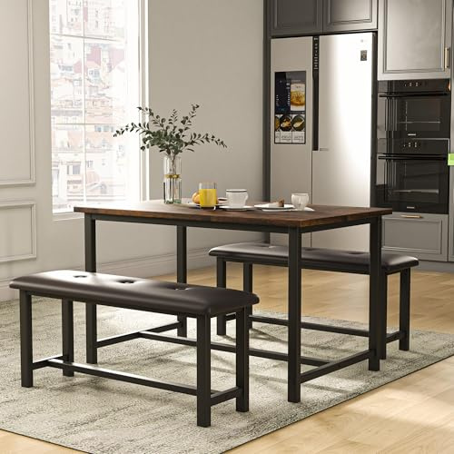GarveeMore Juego de Mesa y sillas de Comedor - con 2 Bancos de Cuero Acolchado Negros 112x27x47 cm, Mesa de Madera Vintage 112x70x112 cm, Estructura metálica, Capacidad para 4 Personas