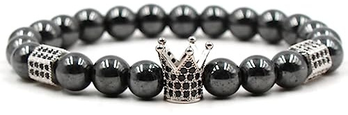 Bracelet bijoux avec pendentif couronne pour elle et lui, bracelet partenaire en pierre naturelle, 8 mm, excellente idée cadeau, fait main - 19 cm