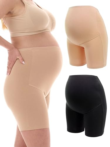 Herzmutter modershorts - graviditetsbyxor med långa ben - för graviditet efter födseln - högkvalitativ bomullsblandning - beige-skin-black - uppsättning 1 & 2-5020 (S, Svart/Beige)