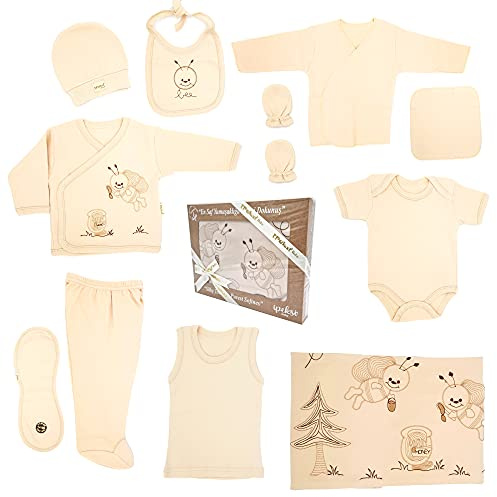 Bebisset för nyfödda 100 % naturlig bomull första utrustning utrustning unisex kläder presentset babyutrustning med 11 delar för spädbarn 0–4 månader, Uppsättning av 11