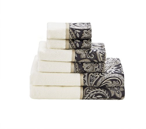 Madison Park Aubrey 100% Cotton Luxurious Bath Towel Set Highly Absorbent, Quick Dry, Jacquard Paisley Design, Hotel & Spa Quality for Bathroom Decor, Multi-Sizes, Black 6 Piece