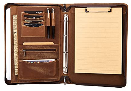 Konferenzmappe Ringbuchmappe A4 Leder 4 Ringbinder Schreibmappe mit A4 Klemmbrett, Konferenzmappe für Laptop/iPad mit Reißverschluss Braun