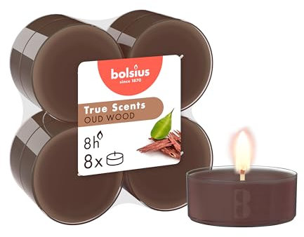 Bolsius True Scents – 8 Teelichter Maxi Duft – Oud Wood – Lange Brenndauer von 8 Stunden – Kerze für den Innenbereich – Natürlic– Veganes Wachs – Ohne Palmöl