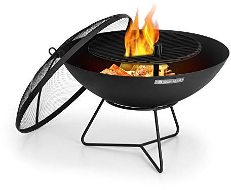Blumfeldt Orbit - Brasero, 3 en 1, Fogata, Parrilla, Mesa de jardín, Cubierta protección chispas, Diámetro 60 cm, Pared de 1,5 mm, Depósito Cenizas, 4 Alturas, Atizador, 3 Patas, Acero, Negro