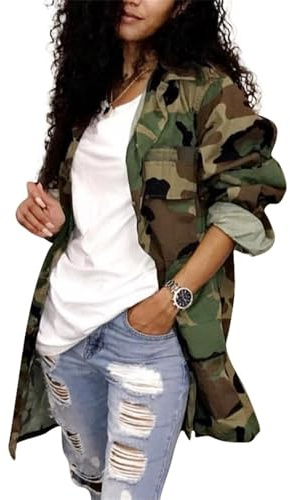 Ptorlio Sexy Camo Jacket for Women Plus Size Army Fatigue Long Cargo Jackets Trench Coat Fashion