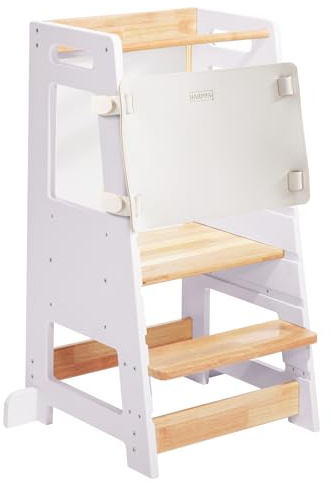 HARPPA Nordo Toddler Kitchen Learning Helper with Adjustable Height and Anti-Slip Protection, Kids Standing Tower with Safety Rail, Wooden Kids Tower with Learning Chalkboard, White