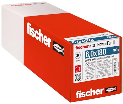 fischer PowerFull II 6,0 x 180, Premium Vollgewindeschraube (100 Stk.) mit innovativer Spitzengeometrie, Stahlschraube für tragende Holzkonstruktionen mit Zylinderkopf, vermindert Spaltrisiko