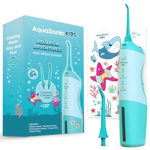 AquaSonic Kids' Water Flosser for Ages 6+ | Standard Nozzle, Orthodontic Nozzle & Waterproof Stickers | 4 Flossing Modes | Aquarium Adventures Theme (Blue)
