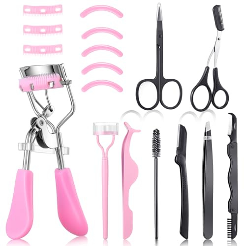17 Pcs Eyelash Curlers Kit Lash Curler Eyelash Comb Seperator Extension Tweezers Eyebrow Brush Scissors False Eyelashes Applicator Eyebrow Trimmer Silicone Refills Pads for Women(Pink)