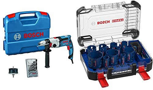 Bosch Professional Schlagbohrmaschine GSB 24-2 (max. Drehmoment: 40/14,5 Nm, inkl. Zubehörset, in L-Case) + 14 tlg. Expert Tough Material Lochsäge Set (für Holz mit Metall, Ø 20-76 mm, Zubehör)