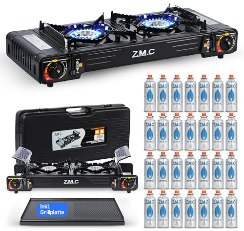 Z.M.C PREMIUM Camping gasspis 2 lampor grillplatta 45 x 24 cm + 28 gaspatroner 227 g, campingspis med tändskydd för utomhus och inomhus, dubbelgasspis med piezo-tändning