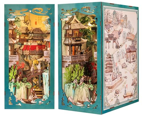 Cutefun DIY Book Nook - Puppenhaus Kitaus Holz mit Staubschutzhülle,DIY Miniatur Puppenhaus Bücherecke Bibliothek Häuser Modellbausätze mit LED Leuchten Bücherregal Dekor (Su Dongpo's Life)