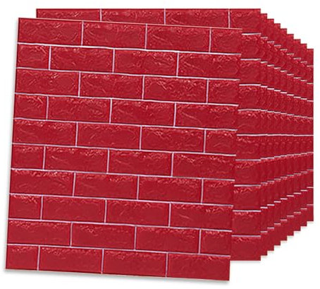 HAILM 3D Ziegel Wandpaneele, Faux Ziegel Strukturierte Tapete 70x77cm, wasserdichte Abdeckung Panels für Wanddekor, Selbstklebende Stick und Peel, Pack Von 10 Fliesen 58 Sq Ft,Rot