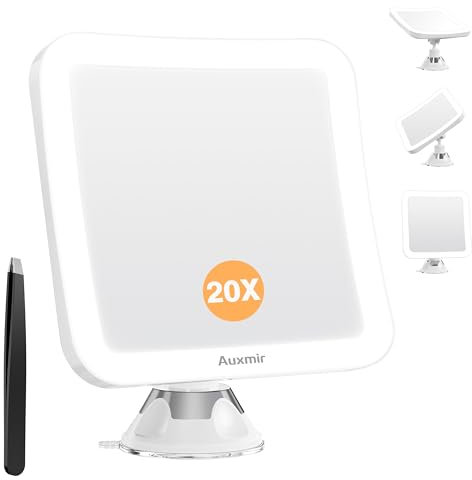 Auxmir Kosmetikspiegel mit Licht, 20-Fach Vergrößerung, LED Beleuchtet Vergrößerungsspiegel Schminkspiegel, Kräftigem Saugnapf und 360° Drehbar, Rasierspiegel für Reise Badezimmer, Quadratisch
