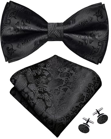 Gusleson Paisley Black Bow Tie Pocket Square Set for Wedding Pre-Tied Solid Bowties Handkerchief Cufflinks for Men (UK0497-08)