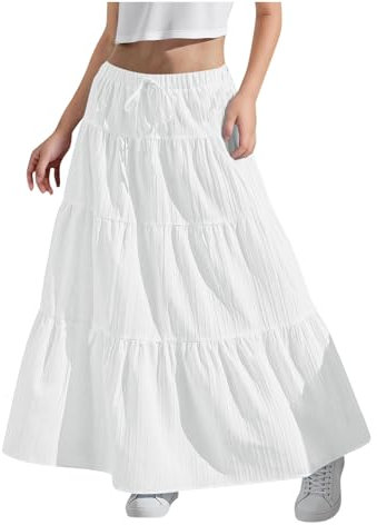 KODMNSW Maxirock Damen Mädchen Langer Rock Faltenrock mit Fliege Maxi Skirt Elastischer Bund Breitersaum Röcke Lang Sommer Leichte Kinder Tellerrock Einfach Schick Strandrock Freizeitrock Beige 150