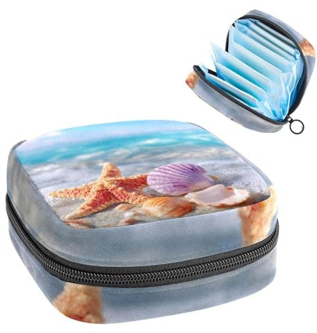 Portable Sanitary Napkin Storage Bag, Menstrual Cup Pouch Feminine Menstruation Pads Bag for Teen Girls, Tampons First Period Kit, Summer Starfish and Seashell on The Beach in Sea Water