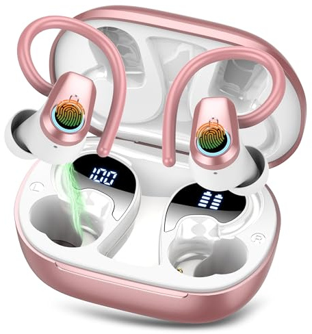 Cuffie Bluetooth Sport, Auricolari Bluetooth 5.3 con 50 Ore HiFi Stereo, Cuffie Wireless con 4 Mic, Cancellazione Rumore, IP7 Impermeabili, Ricarica Rapida, Cuffiette Bluetooth per Running, Oro rosa