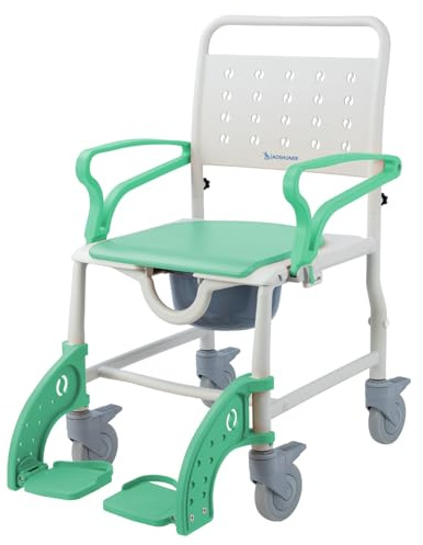 XIAOSHUNER 4 in 1 Rolling Shower Chair with Wheels for Elderly and Disabled, Shower Wheelchair with Flip-Up Arms & 4 Locking Wheels, Adjustable Footrests, Bedside Commode, Fits Over Toilet, Green