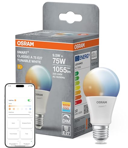 Osram SMART+ LED-Lampe A75 Kolbenform E27 Tunable White, dimmbar, steuerbar per App und Sprache, Matter-fähig, 9,5W, 2700-6500K, WiFi