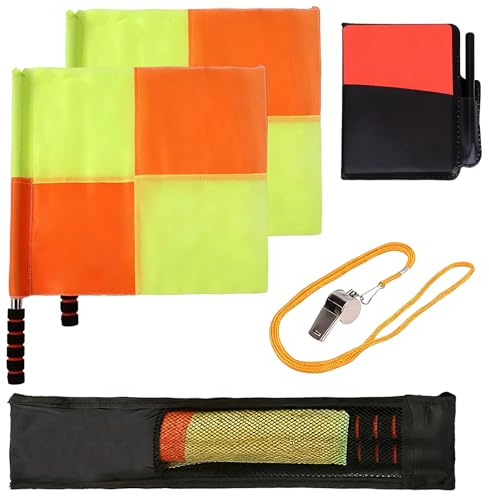 VITASHYNX Soccer Referee Kit, 2 Checkered Linesman Flags Red Yellow, 1 Scoreboard, 1 Whistle, Carry Bag, Football Linesman Gear Set for Coaches Referees