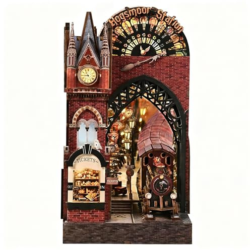Hogsmoor Station DIY Book Nook Kit – Miniature 3D en bois avec lumière LED tactile, profondeur et vue profonde, train mobile, scène de chemin de fer britannique vintage pour les amateurs de livres et