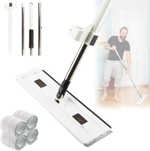 Mocio Piatto Lavapavimenti Grande, dellyy Mocio Lavapavimenti, Mocio Pavimenti Professionale, Con 4 Tamponi di Pulizia in Microfibra, Mop Umido e Asciutto Con Rotazione di 360 Gradi (Bianco)
