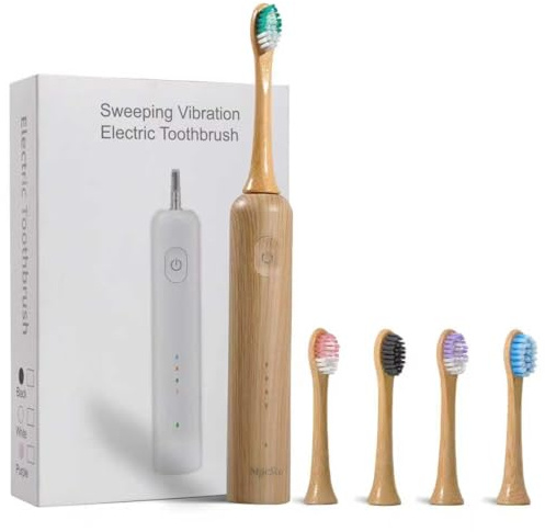 MgcSto Brosse à dents électrique oscillante à ultrasons avec têtes de brosse en bambou (lot de 5), balayage et vibrant, rechargeable de type C, étanchéité IPX7, 4 modes pour un soin buccal optimal