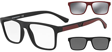 Emporio Armani EA4115F Low Bridge Fit Sunglasses with Two Interchangeable Clip-Ons, Matte Black/Clear/Grey/Mirrored Grey, 54 mm