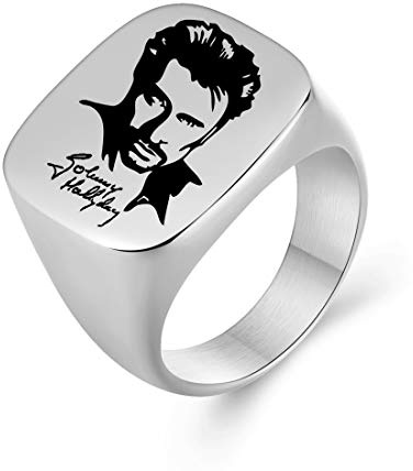 AFSTALR Johnny Hallyday Bague Chevalière Homme Acier Inoxydable Anneau Bague Sceau avec Signature Johnny Le Boss Rock